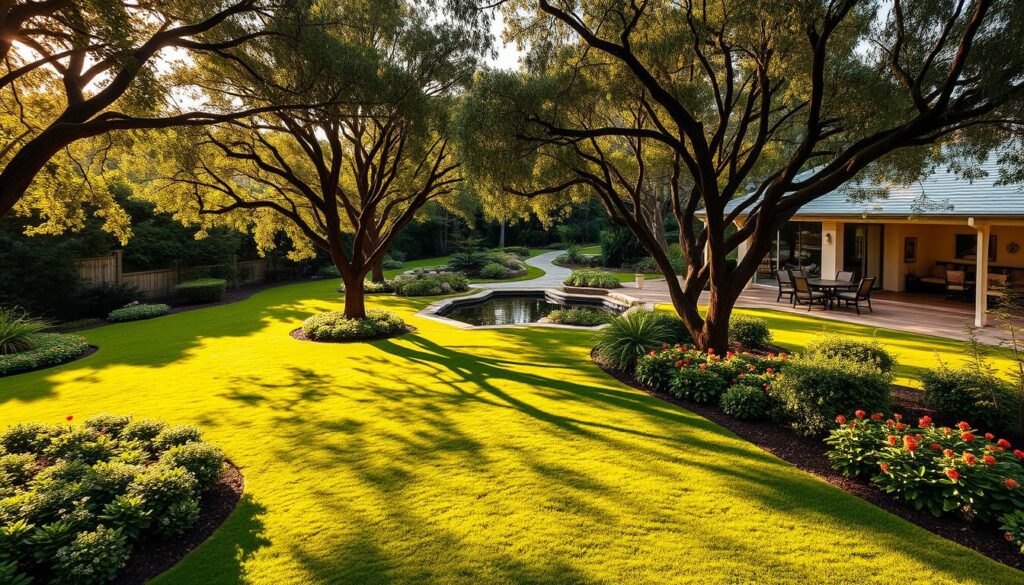 a lawn with trees and a pool in the middle