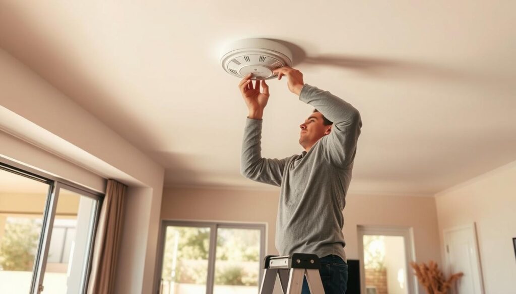 a man on a ladder fixing a smoke detector