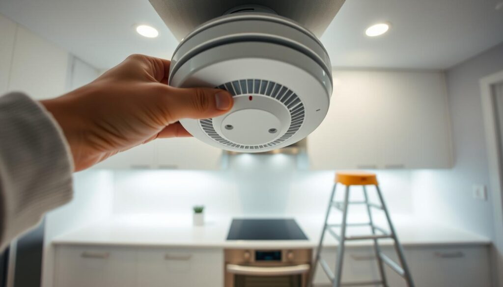 a hand holding a smoke detector
