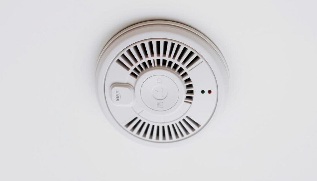 a smoke detector on a ceiling