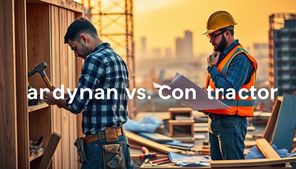 Handyman vs Contractor- a man in a hard hat looking at a man in a hard hat